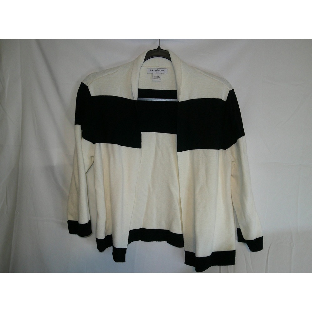 Liz Claiborne Petite Cardigan Sweater, Black and Cream, Open Front, Womens‎